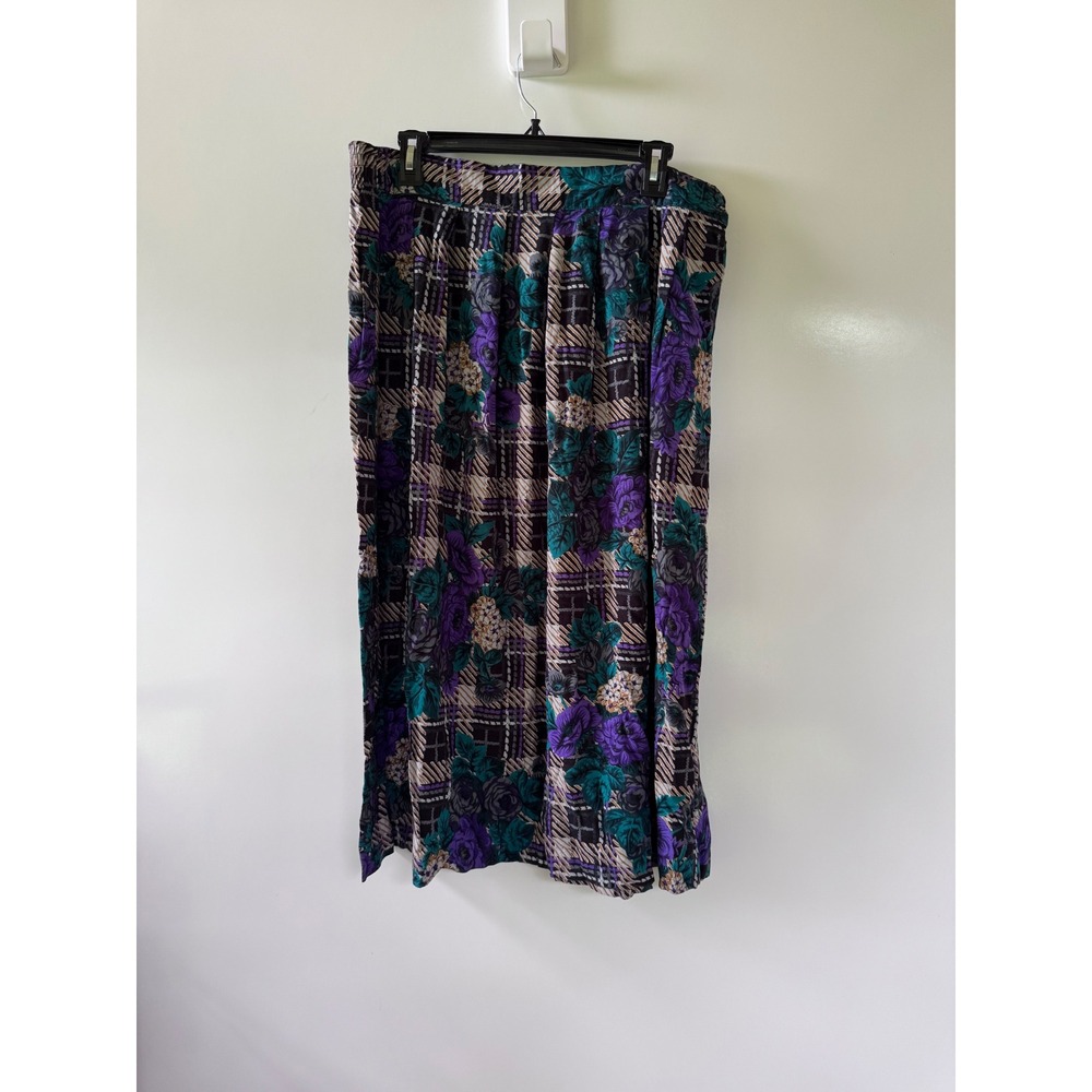 Vintage Worthington Floral Plaid Midi Skirt Purple Teal Rayon Made in USA 16